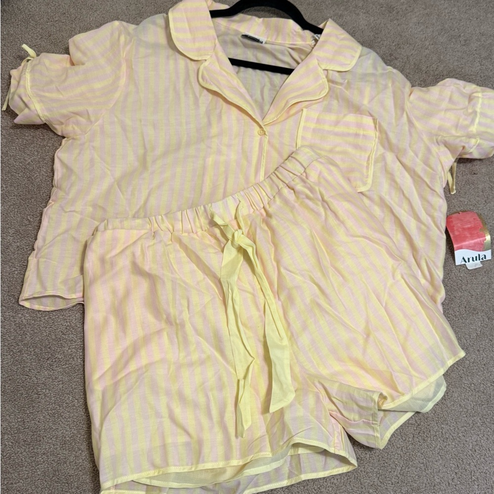 Arula Soft Yellow and Pink Striped Pajama Set